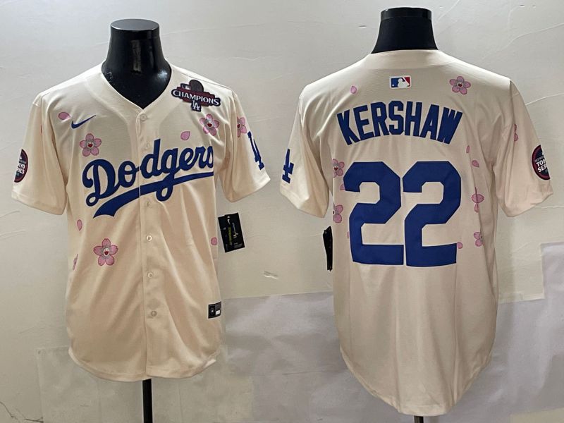 Men Los Angeles Dodgers 22 Kershaw Cream White Blue Sakura Edition 2025 Nike MLB Jersey style 9